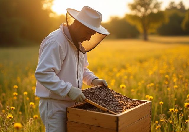 Apicultor cuidando colmenas en un entorno natural rodeado de flores silvestres