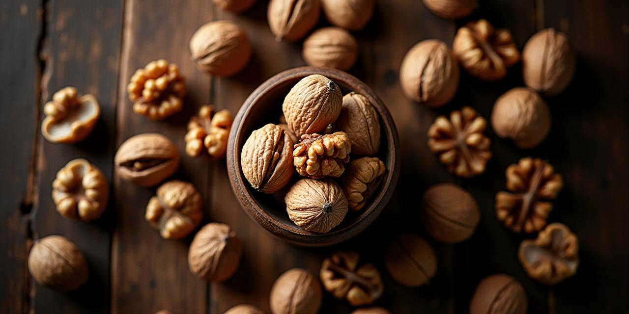 Nueces frescas peladas sobre una superficie de madera rústica