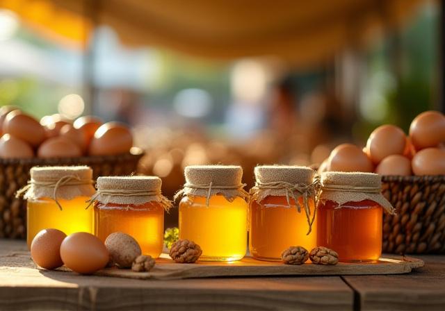 Puesto artesanal de Gremio Dorado con miel y nueces