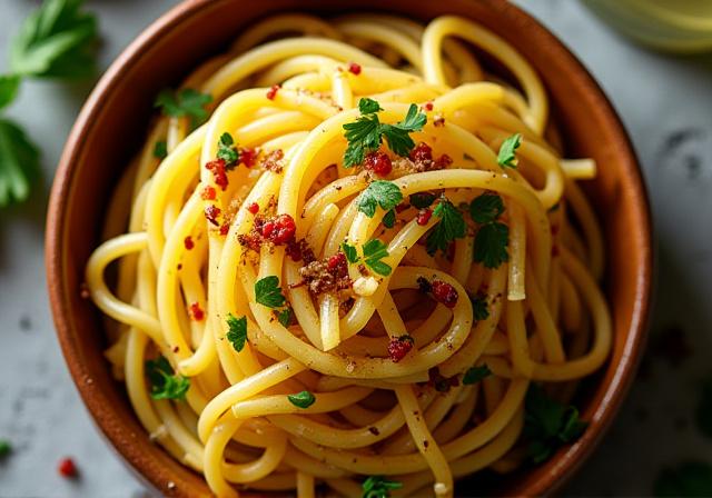 Plato de pasta al aglio e olio con ajo infusionado y perejil